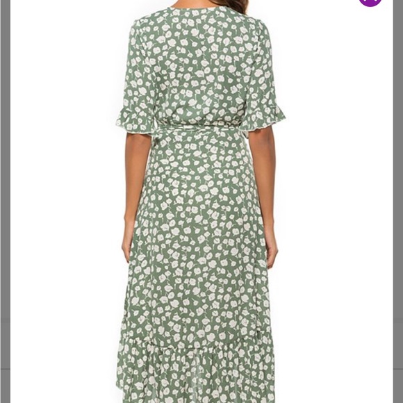 Swintager Green Floral Ruffle-Sleeve Wrap Midi Dress - Medium - Picture 15 of 15